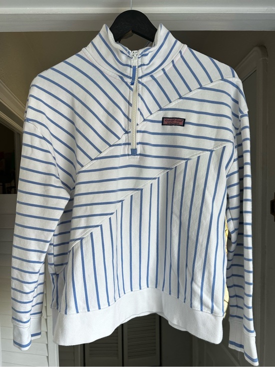 Vineyard Vines Sweaters - Vineyard Vines White & Light Blue Striped Half-Zip Pullover Nautical Size Medium